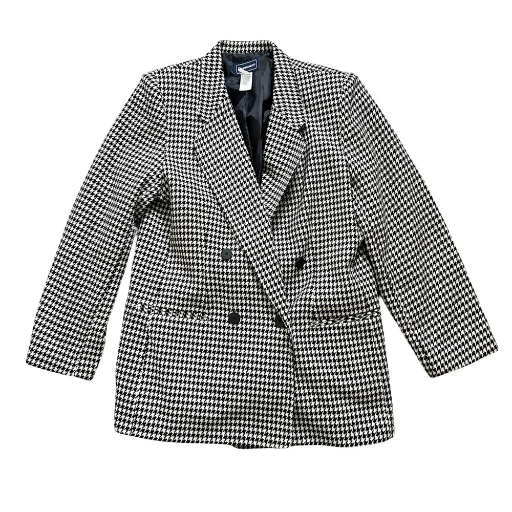 Vtg Requirements Black White Houndstooth Wool Blend Lined Double Breasted Blazer - Picture 6 of 12